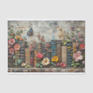 Papel De Seda Uma Fileira de Livros com Flores