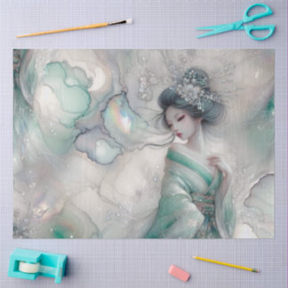 Papel De Seda Uma Geisha em Série de Design Verde #22