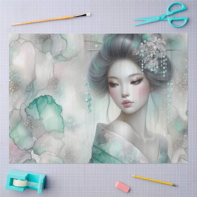 Papel De Seda Uma Geisha em Série de Design Verde #24 (Arte )