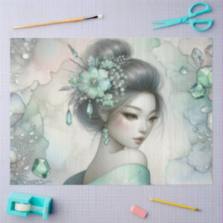 Papel De Seda Uma Geisha em Série de Design Verde #25