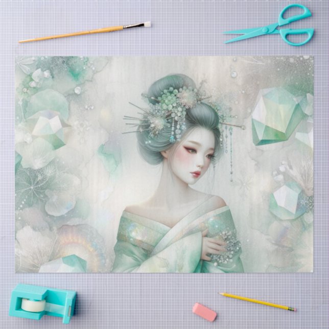 Papel De Seda Uma Geisha em Série de Design Verde #26 (Arte )