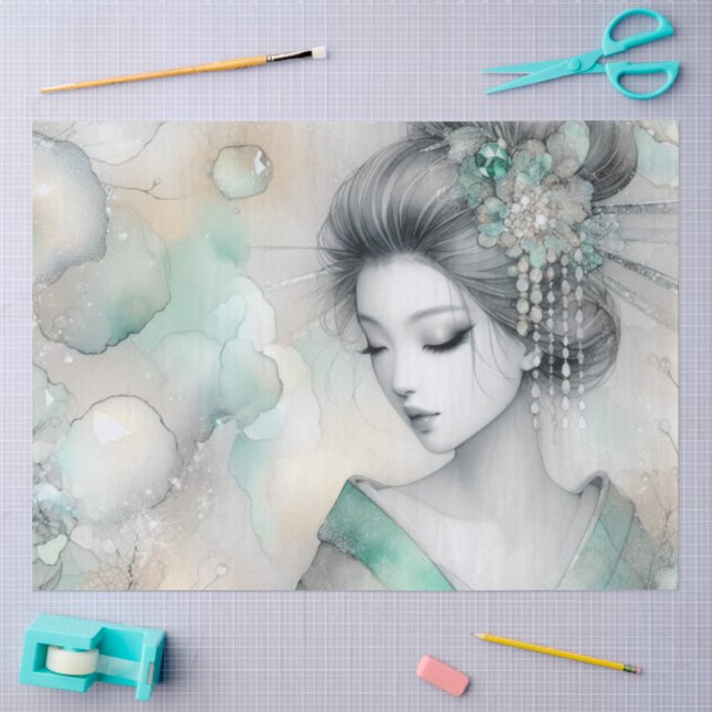 Papel De Seda Uma Geisha em Série de Design Verde #27 (Arte )