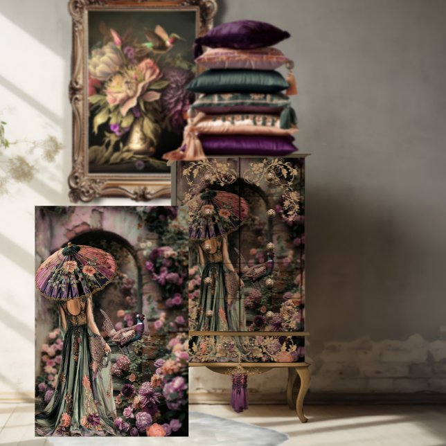 Papel De Seda Uma Senhora e um Faisão, Chinoiserie, Arte Retrato (Elegant Lady with a Parasol and a Pheasant, Chinoiserie, Archway, Floral Courtyard, Decoupage)