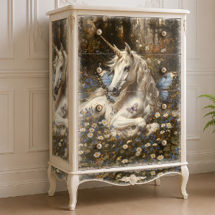 Papel De Seda Unicórnio Branco Borboleta Azul Prado Floral Fanta