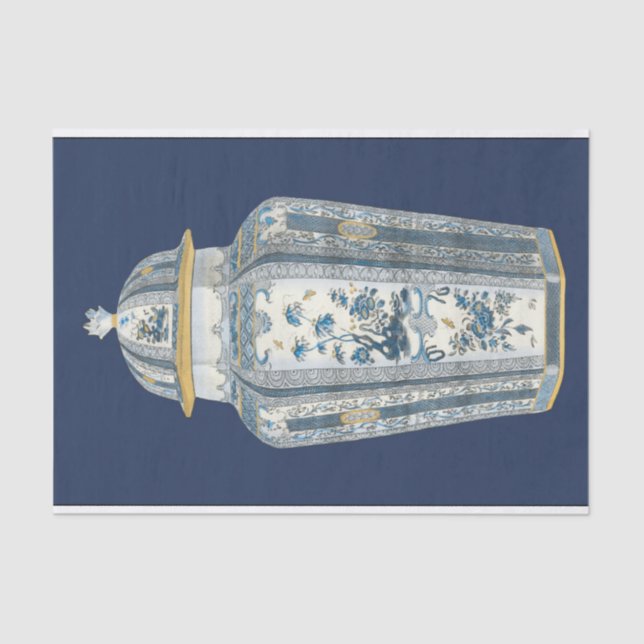 Papel De Seda Urna Asiática Decorativa em Azul e Branco (Frente )