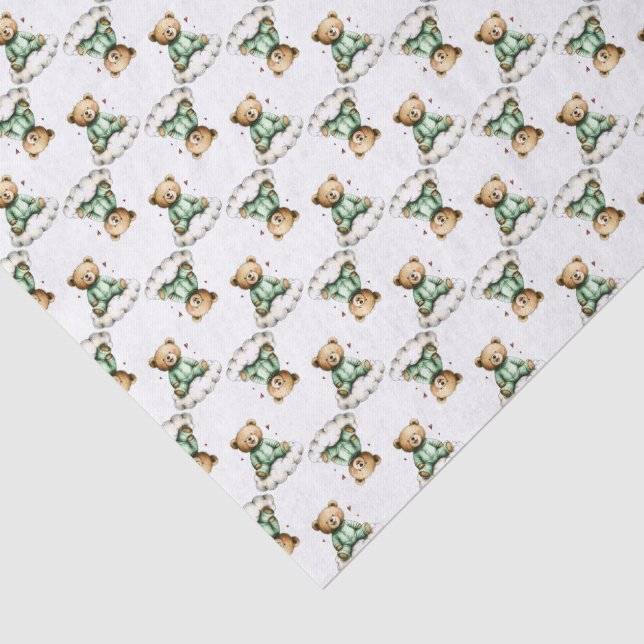 Papel De Seda Ursa Teddy Fofa em um Nuvem Fofa com PJs Verdes (Detalhes)