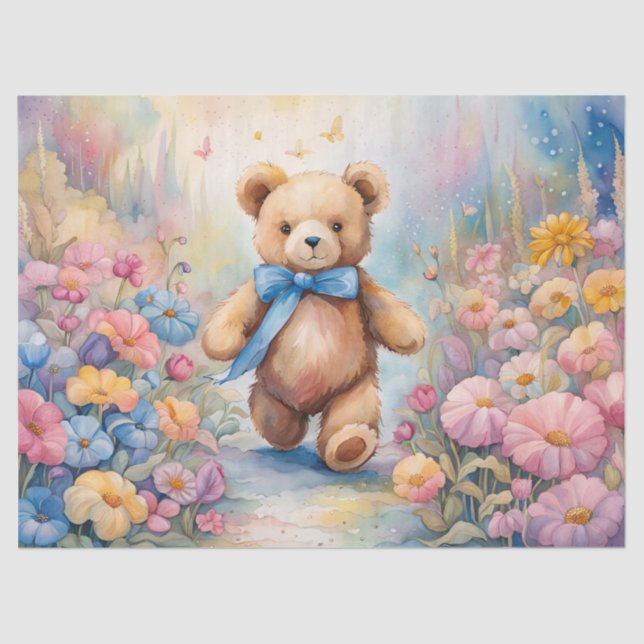 Papel De Seda Urso de peluche a rolar num Jardim Pastel (Frente )