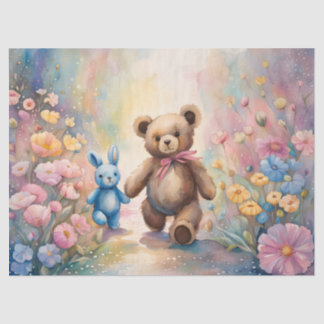 Papel De Seda Urso de pelúcia e coelho num jardim de pastel