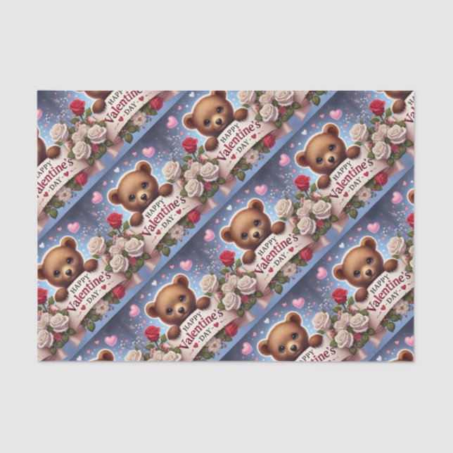 Papel De Seda Urso de Teddy Adorável com Rosas (Frente )