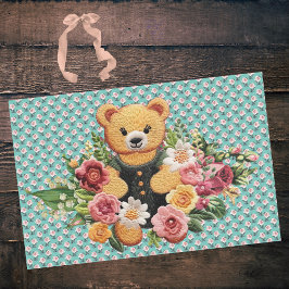 Papel De Seda Urso de Teddy Vintage e Rosas Florais Rosa em Aqua