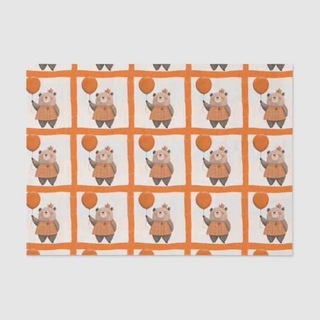 Papel De Seda Urso de Vestido de Xadrez Laranja com Arco de cabe (Frente )