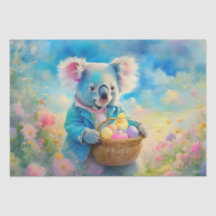Urso Koala segurando uma cesta de ovos de Páscoa