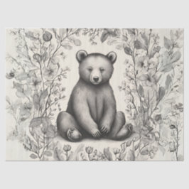 Papel De Seda Urso Monocromático Whimsical no Jardim Flor