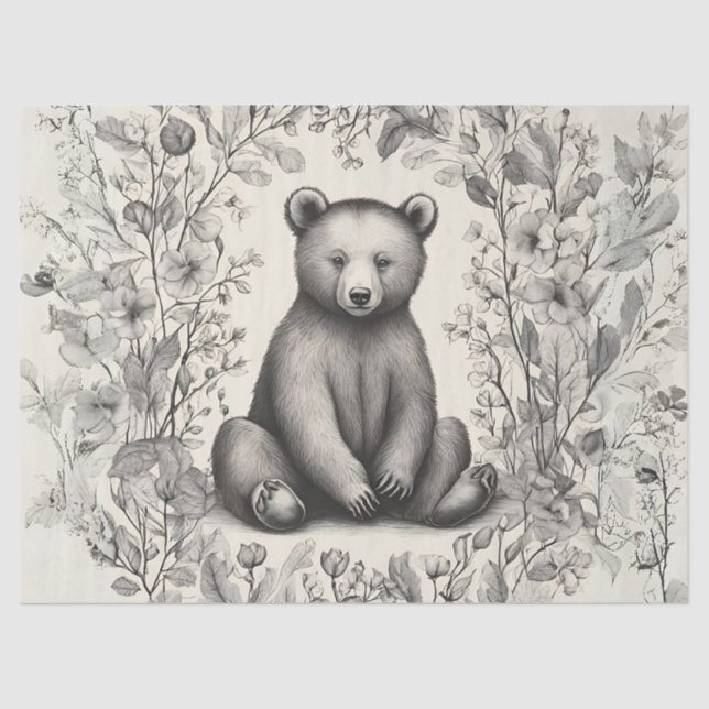 Papel De Seda Urso Monocromático Whimsical no Jardim Flor (Frente )