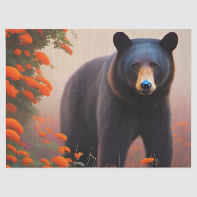 Papel De Seda Urso Negro em flores laranja (Frente )