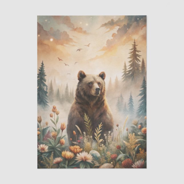 Papel De Seda Urso Pardo em uma Campina Florestal com Flores (Frente )