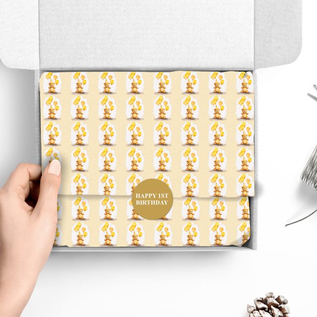 Papel De Seda Urso Primeiro Aniversário Sexo Neutro Urso Amarelo (Criador carregado)