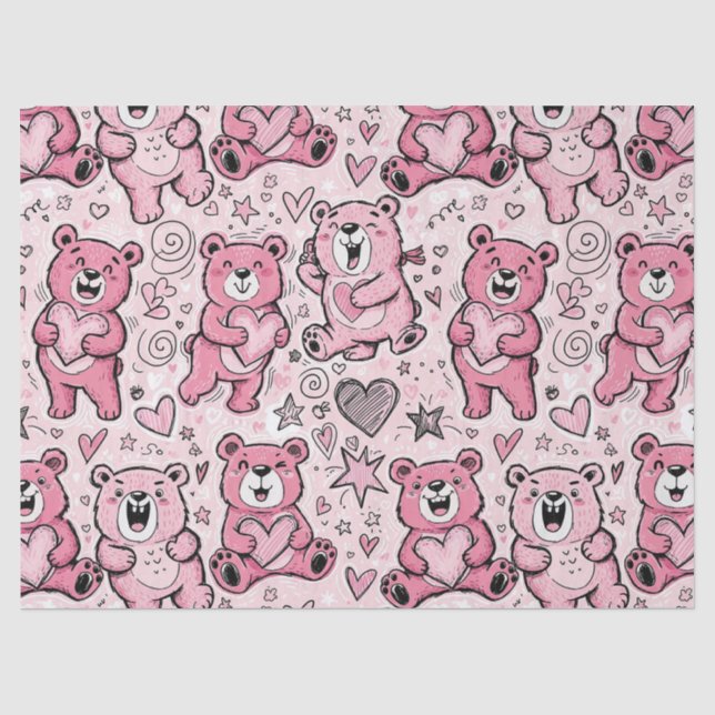 Papel De Seda Urso Teddy Kawaii Padrão Rosa (Frente )