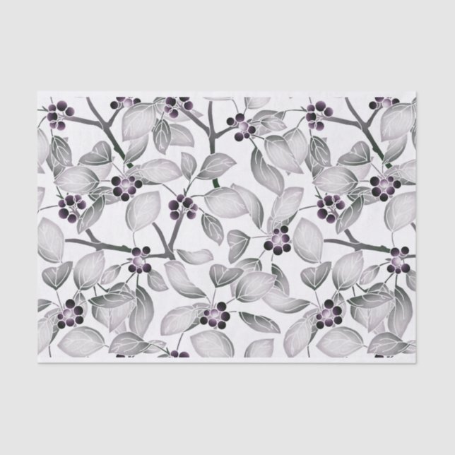 Papel De Seda Uvas e Folhas Pequenas, Pretas e Brancas (Frente )