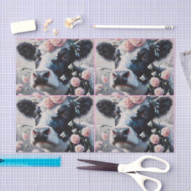 Papel De Seda Vaca Holstein em Flores de Fazenda (Arte )