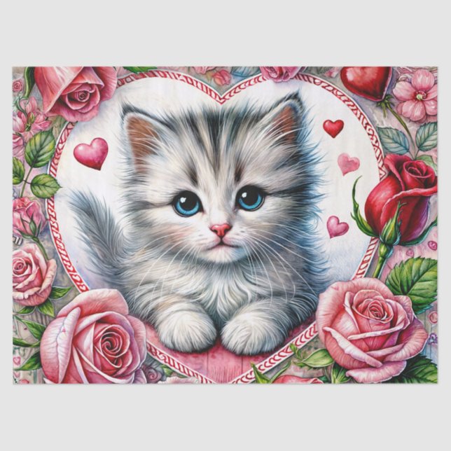 Papel De Seda Valentine Kitten With Roses Tissue Paper (Frente )