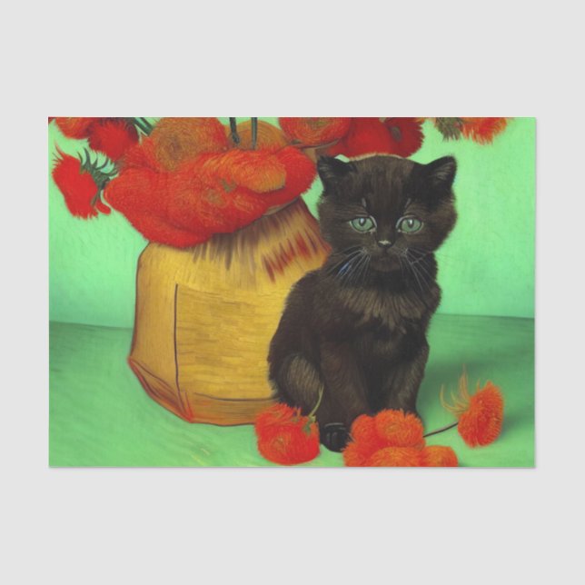 Papel De Seda Van Gogh Black Kitten Red Flowers (Frente )