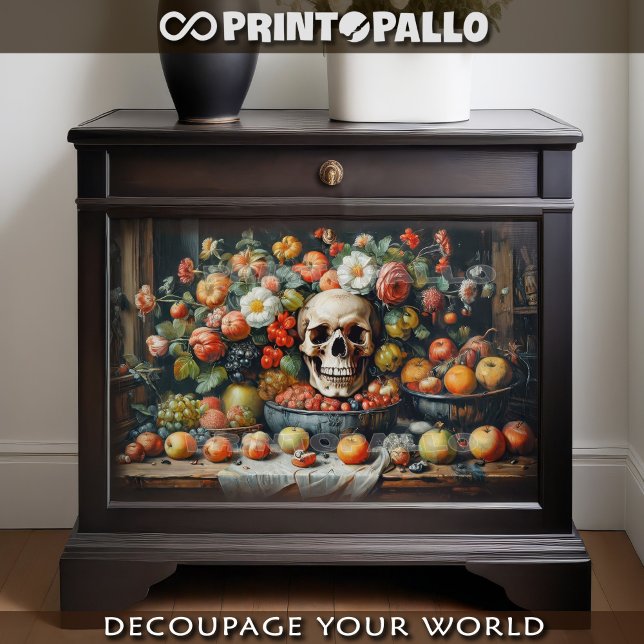 Papel De Seda Vanitas com frutas, flores e caveira -  (Criador carregado)