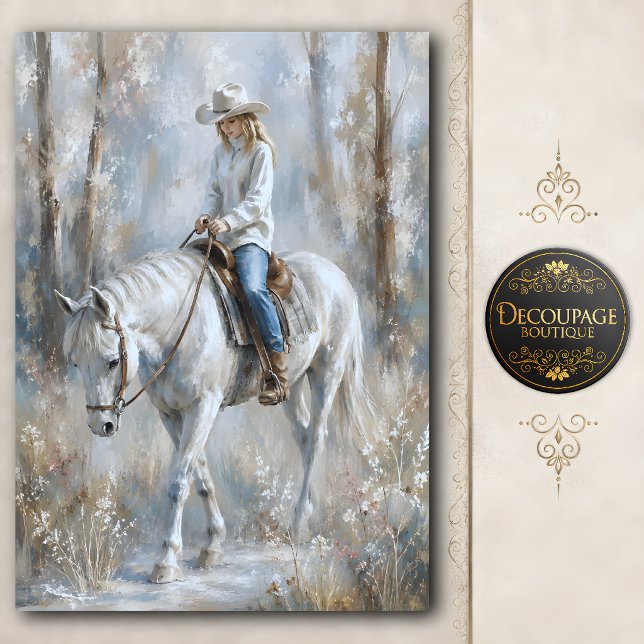 Papel De Seda Vaqueira Montando Cavalo Branco Decoupage (Cowgirl Riding White Horse Decoupage Tissue Paper)