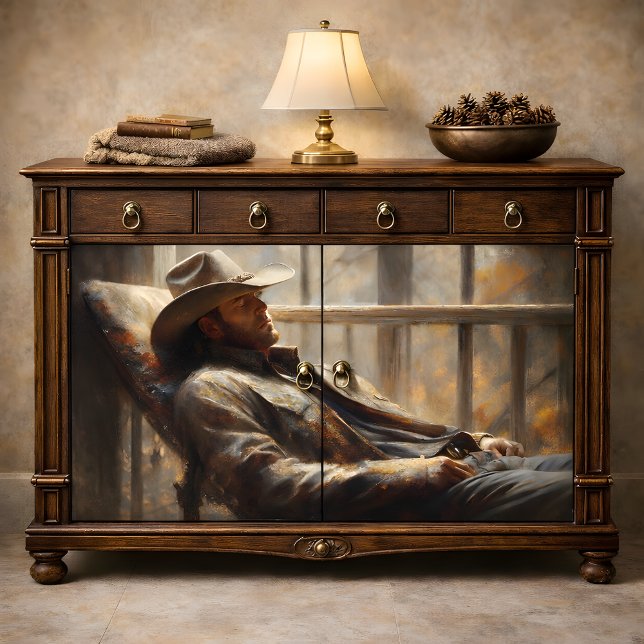 Papel De Seda Vaqueiro do Oeste descansando em decoupage rústico (Western Cowboy Resting in Rustic Autumn Decoupage Tissue Paper Mockup)
