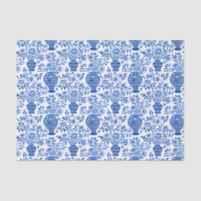 Papel De Seda Vases Florais De Jar De Gengibre Azul E Branco (Frente )