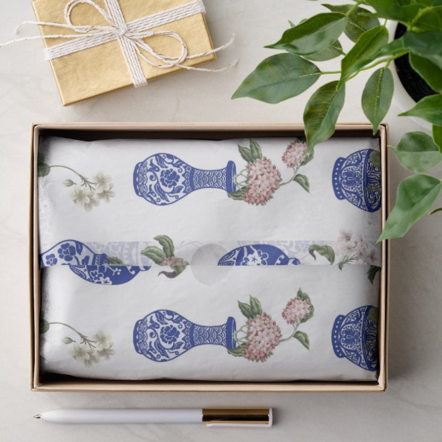 Papel De Seda Vasos e flores azuis de Chinoiserie (Presente)