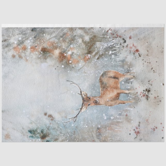 Papel De Seda Veado de Aquarela em Neve no Natal (Frente )