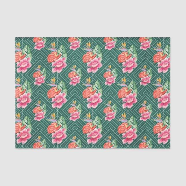 Papel De Seda Verde com Flores Rosa (Frente )