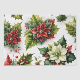 Papel De Seda Verde Floral de Natal e Vermelho