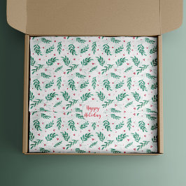 Papel De Seda Verde Folhas e Berries Vermelhos Padrão de Natal B