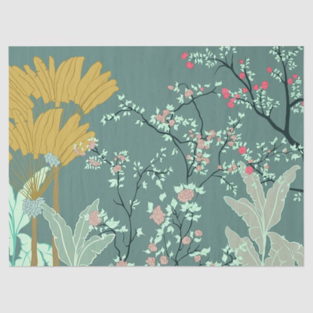 Papel De Seda Verde Palm Chinoiserie Tecido Floral (Frente )