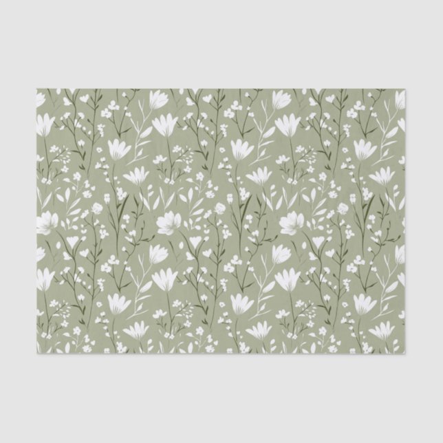 Papel De Seda Verde Salvia e Floral Branco Aniversário Casamento (Frente )