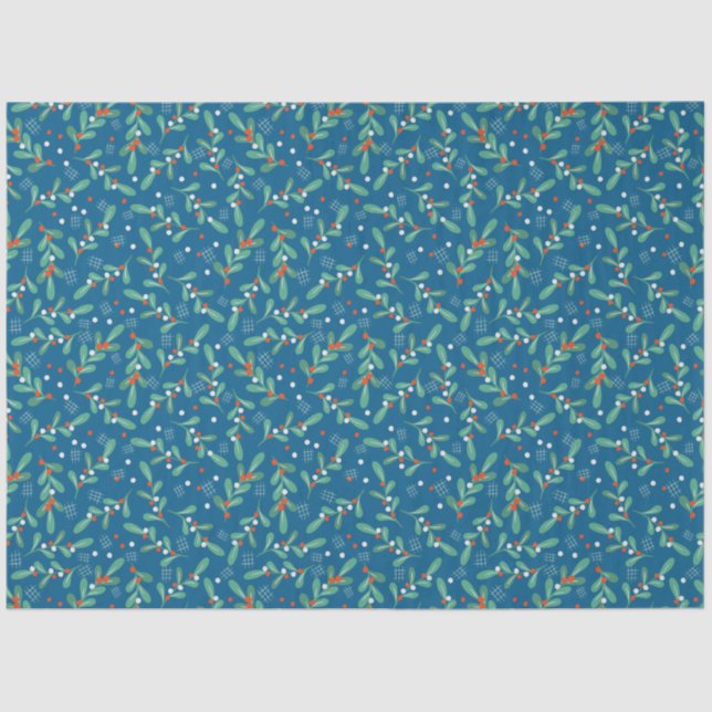 Papel De Seda Verdes Natal com Holly Berries Azul Branco (Frente )