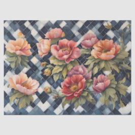 Papel De Seda Verificação de Buffalo Azul com Flores Rosa Grande