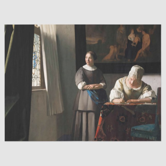Papel De Seda Vermeer - Senhora Escrevendo uma carta com sua aju (Frente )