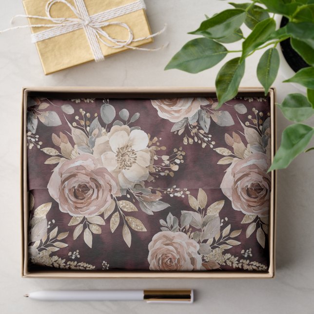 Papel De Seda Vermelho Borgonha Blush Floral (Presente)