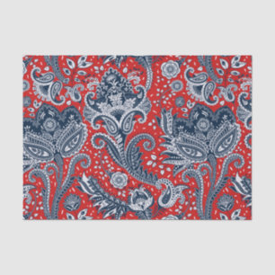 Papel De Seda Vermelho Branco e Azul Floral Paisley Bohemian Boh
