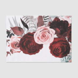 Papel De Seda Vermelho Escuro e Verde Folhagem Floral Rosa Branc