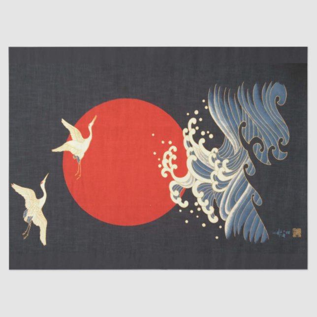 PAPEL DE SEDA VERMELHO, JAPONÊS VOANDO CRANES, ONDAS MARÍTIMAS E (Frente )