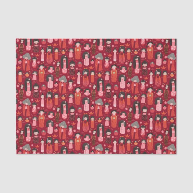 Papel De Seda Vermelho Kokeshi japonês ilustrado (Frente )