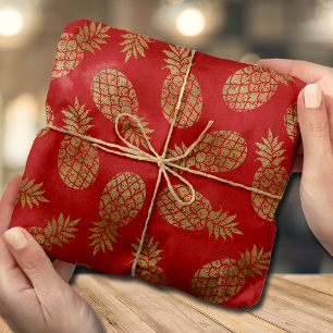 Papel De Seda Vermelho Tropical de Ananases Dourados