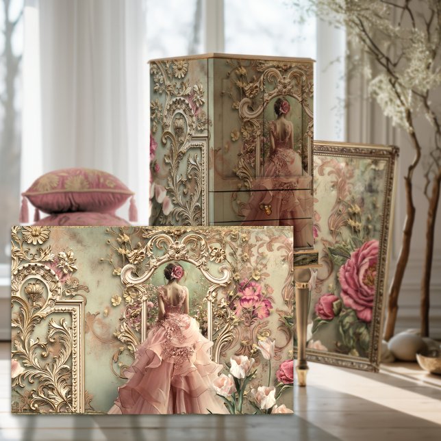 Papel De Seda Vestido, Chique, Retrato (Fairy Tale Dress, Elegant Woman's back, Vintage Baroque, Romantic Floral Portrait Art Decoupage )