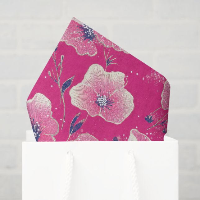 Papel De Seda Vibrant Floral Pattern in Pink, White & Royal Blue (Sacola de presentes)