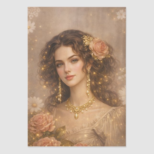 Papel De Seda Victorian Era Lady Golden Rose Portrait Style (Frente )