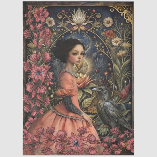 Papel De Seda Victorian Gothic Girl & Black Raven Floral Collage (Frente )
